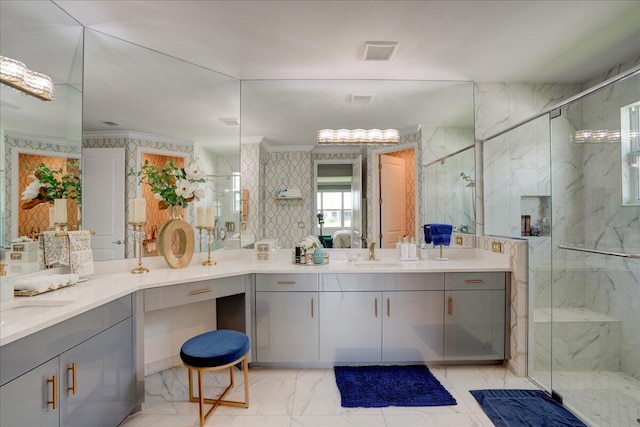 bathroom featuring vanity, crown molding, and a shower with shower door