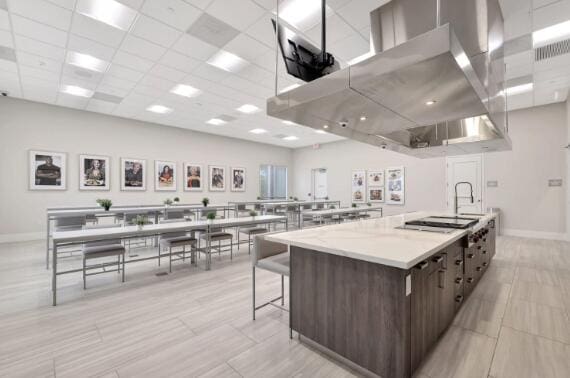 kitchen featuring a spacious island, stainless steel gas cooktop, dark brown cabinets, a kitchen bar, and a paneled ceiling