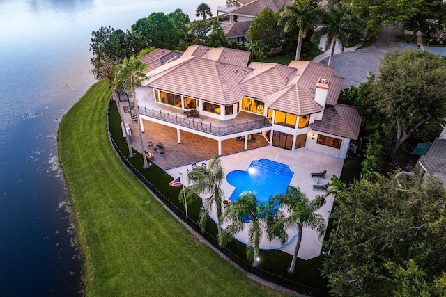 drone / aerial view featuring a water view