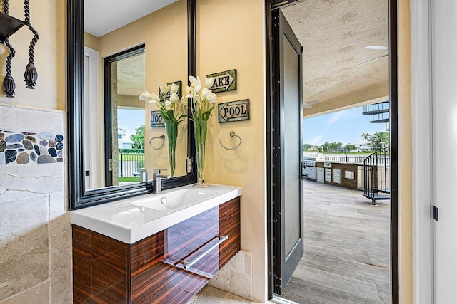 bathroom featuring plenty of natural light, vanity, and wood finished floors