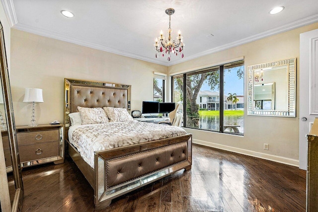 bedroom with dark wood-style floors, a chandelier, crown molding, and baseboards