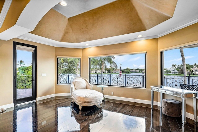 sitting room with crown molding, wood-type flooring, and a raised ceiling