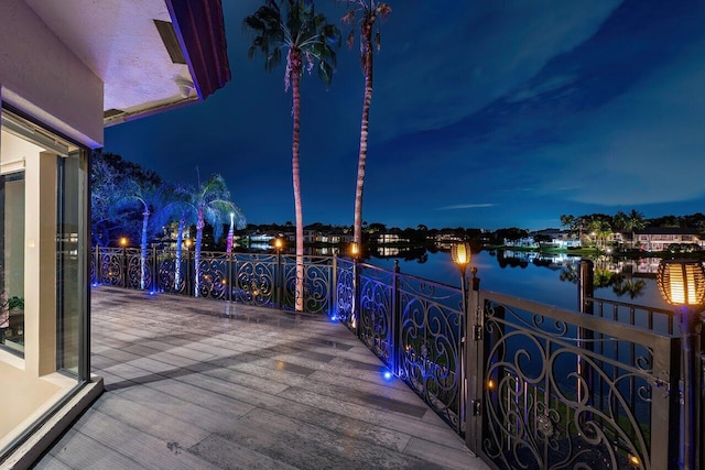 deck at twilight with a water view