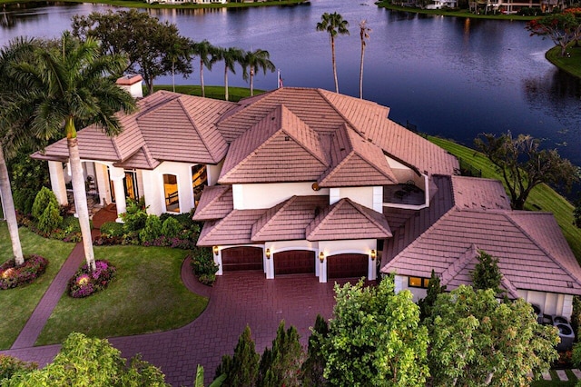 aerial view featuring a water view