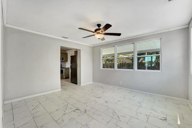 unfurnished room featuring ornamental molding and ceiling fan