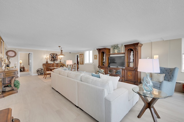 living room with a textured ceiling and ornamental molding