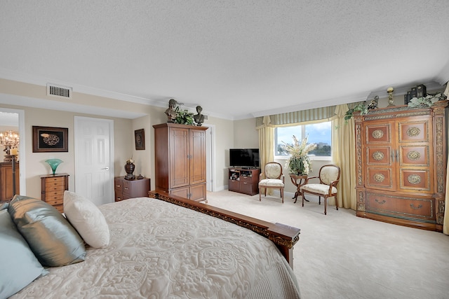 carpeted bedroom featuring a chandelier, a textured ceiling, and ornamental molding