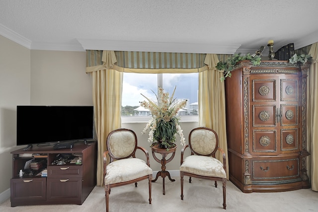 sitting room featuring carpet flooring, a textured ceiling, and ornamental molding