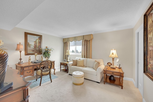 living room with light carpet, a textured ceiling, and ornamental molding