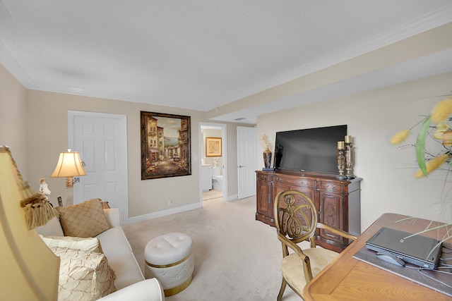 home office with light carpet and a textured ceiling