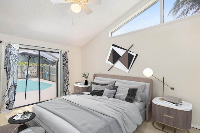 bedroom with ceiling fan, a textured ceiling, access to outside, and vaulted ceiling