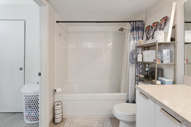 full bathroom with vanity, toilet, and shower / bathtub combination with curtain