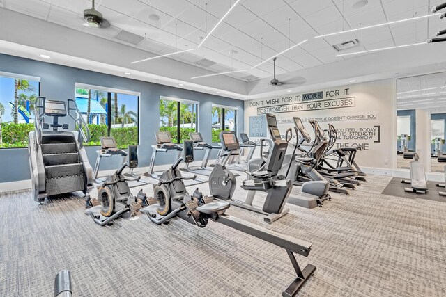 gym featuring a drop ceiling, ceiling fan, and carpet floors