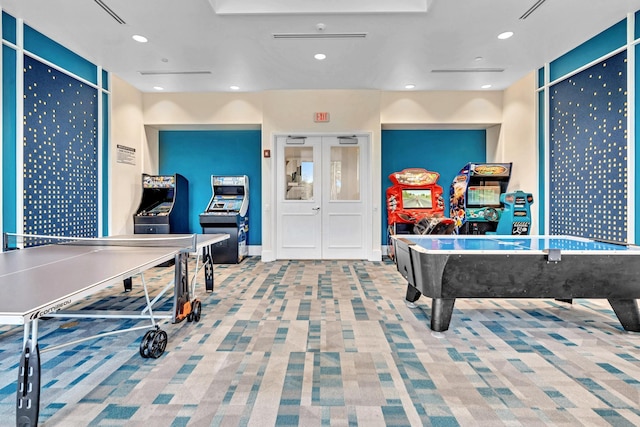 playroom with french doors, carpet flooring, visible vents, and recessed lighting