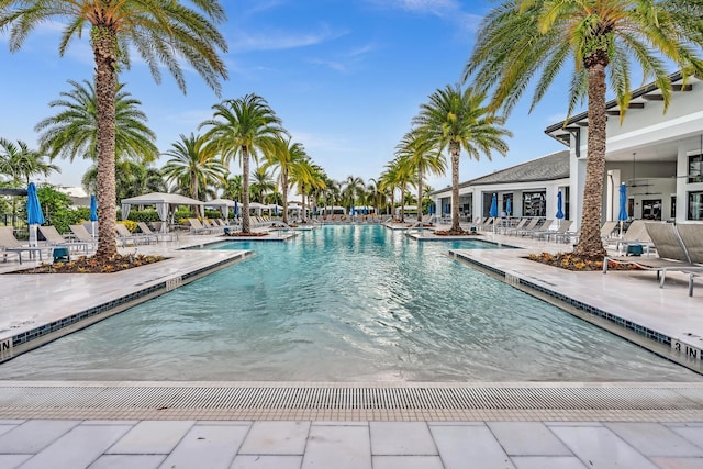 view of swimming pool with a patio area