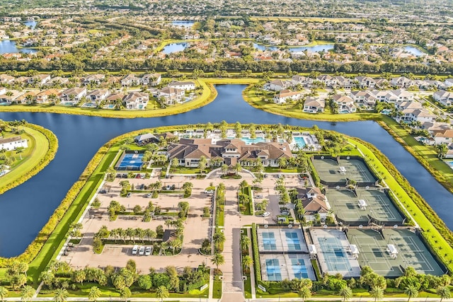 aerial view featuring a residential view and a water view