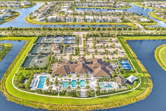 aerial view featuring a residential view and a water view