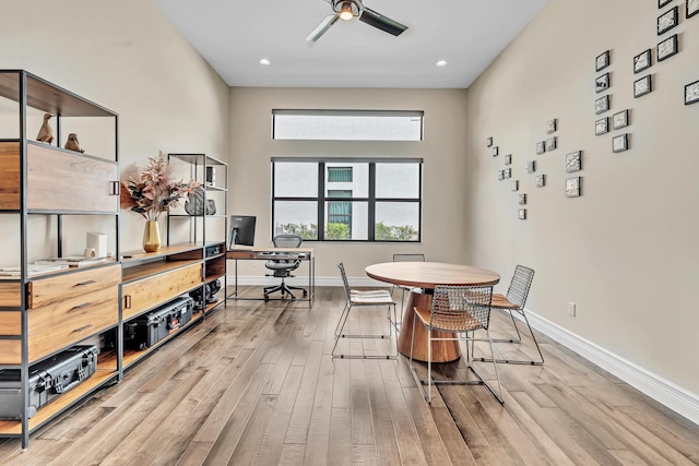 dining area featuring recessed lighting, wood finished floors, a ceiling fan, and baseboards