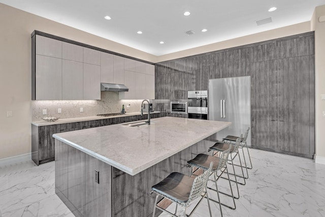 kitchen featuring appliances with stainless steel finishes, marble finish floor, a sink, and under cabinet range hood