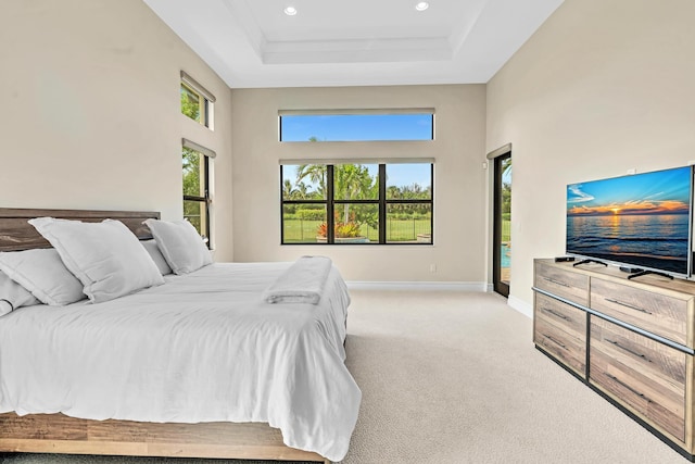 bedroom featuring baseboards, a raised ceiling, light colored carpet, access to exterior, and a high ceiling