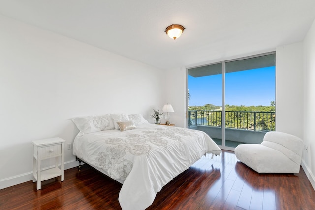 bedroom featuring access to exterior, expansive windows, and dark wood-type flooring