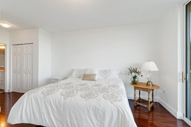 bedroom with a closet and dark wood-type flooring