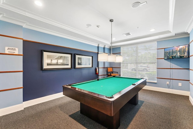 game room featuring dark colored carpet, a raised ceiling, ornamental molding, and pool table