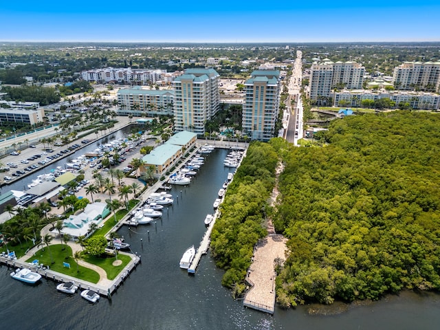 bird's eye view with a water view