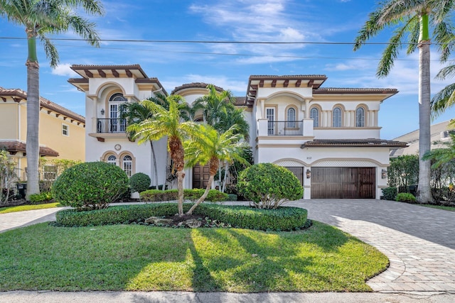 mediterranean / spanish house featuring decorative driveway, a balcony, an attached garage, and stucco siding