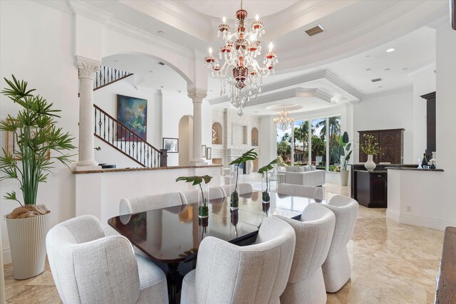 bar with ornate columns, sink, dark stone countertops, fridge, and dark brown cabinets