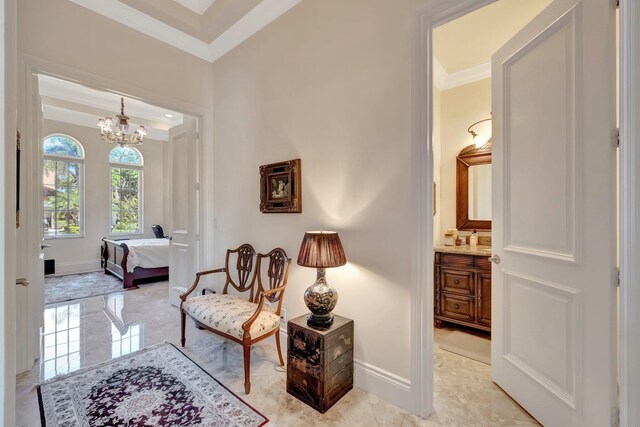 hallway featuring light colored carpet and ornamental molding