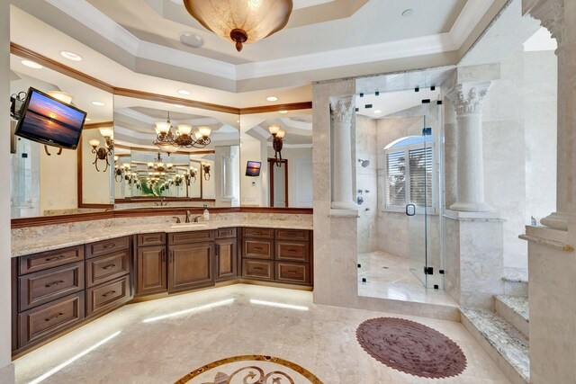 bathroom with a relaxing tiled tub