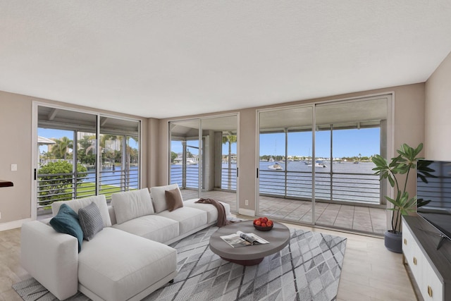 living room with light wood-type flooring and floor to ceiling windows