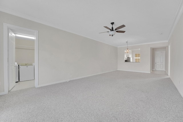 unfurnished living room with ceiling fan with notable chandelier, ornamental molding, light colored carpet, and washer and dryer