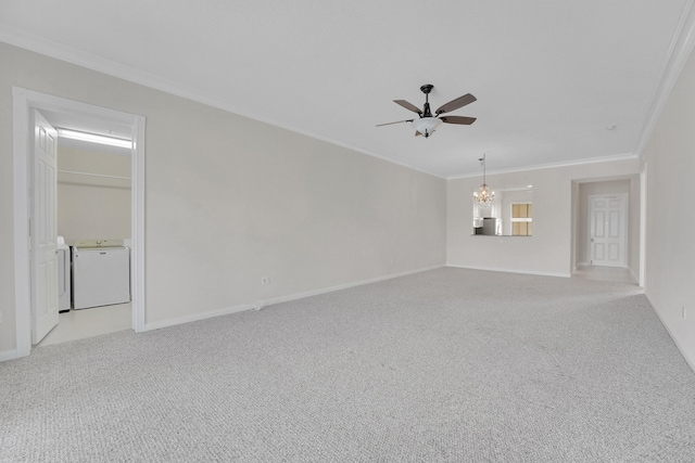 unfurnished living room featuring washing machine and clothes dryer, light colored carpet, ornamental molding, and ceiling fan with notable chandelier