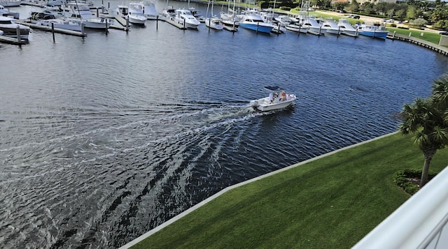 view of water feature with a boat dock