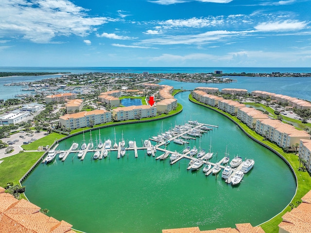 drone / aerial view featuring a water view