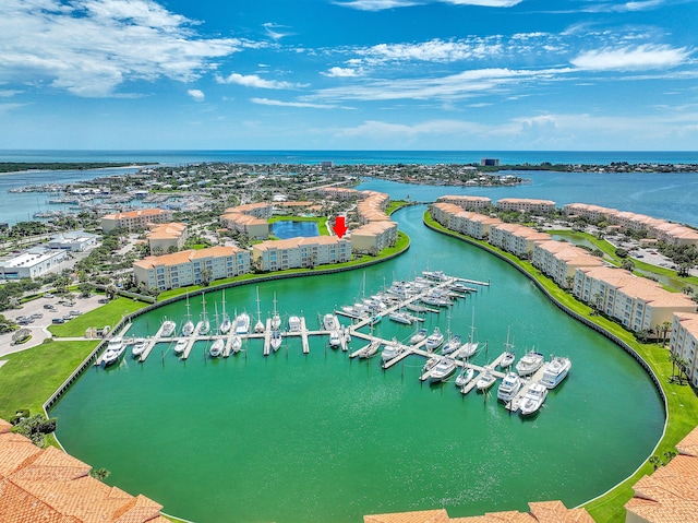 bird's eye view with a water view