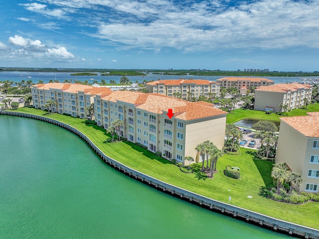 drone / aerial view with a water view