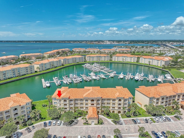 drone / aerial view featuring a water view