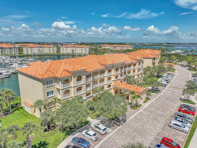 drone / aerial view with a water view