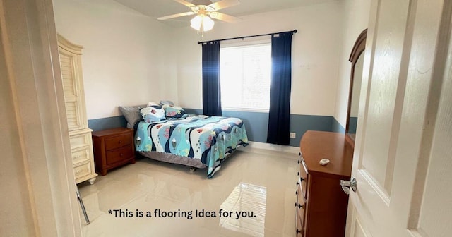 bedroom with ceiling fan and light tile patterned floors