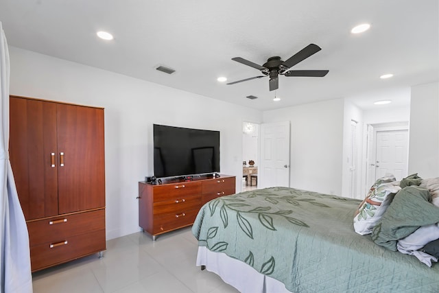 bedroom featuring ceiling fan and light tile patterned flooring