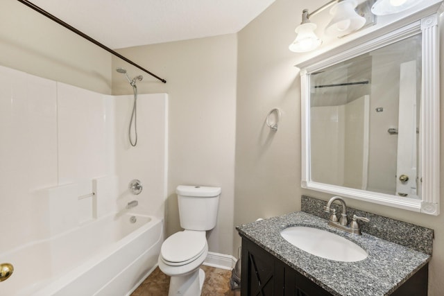 full bathroom featuring washtub / shower combination, vanity, toilet, and tile floors