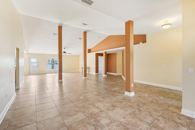 interior space featuring high vaulted ceiling, ceiling fan, and light tile floors