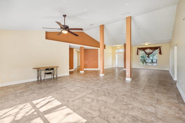 unfurnished living room featuring high vaulted ceiling, ceiling fan, and light tile floors