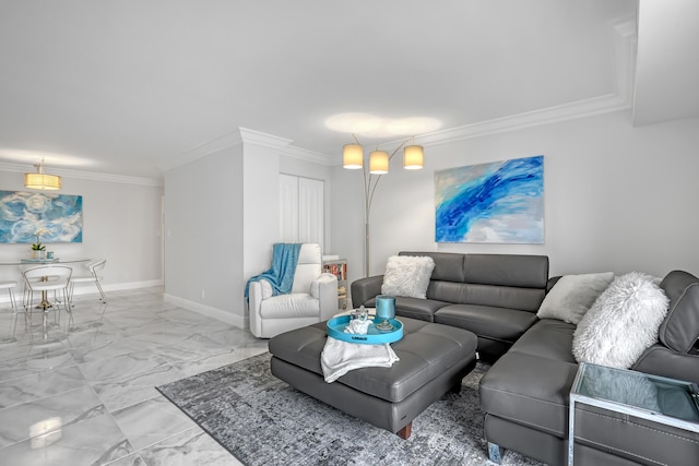 entryway featuring marble finish floor, baseboards, and crown molding