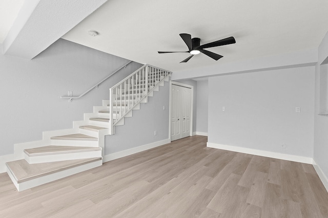 unfurnished living room with ceiling fan and light hardwood / wood-style flooring