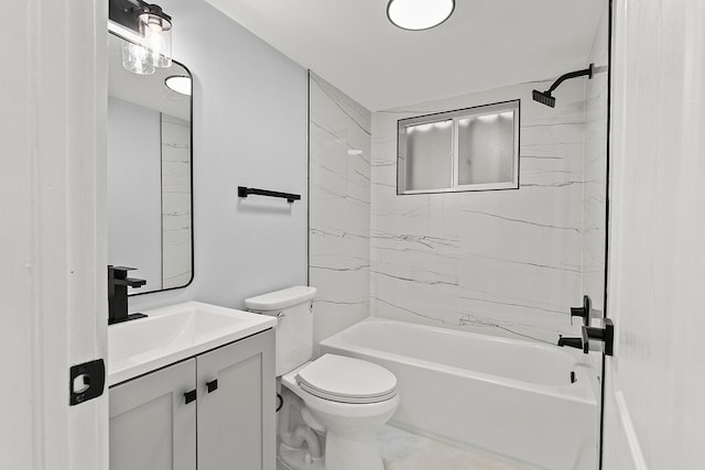 full bathroom with tiled shower / bath, vanity, toilet, and tile flooring