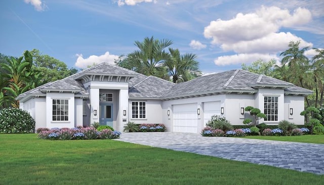 view of front of property featuring a garage and a front lawn